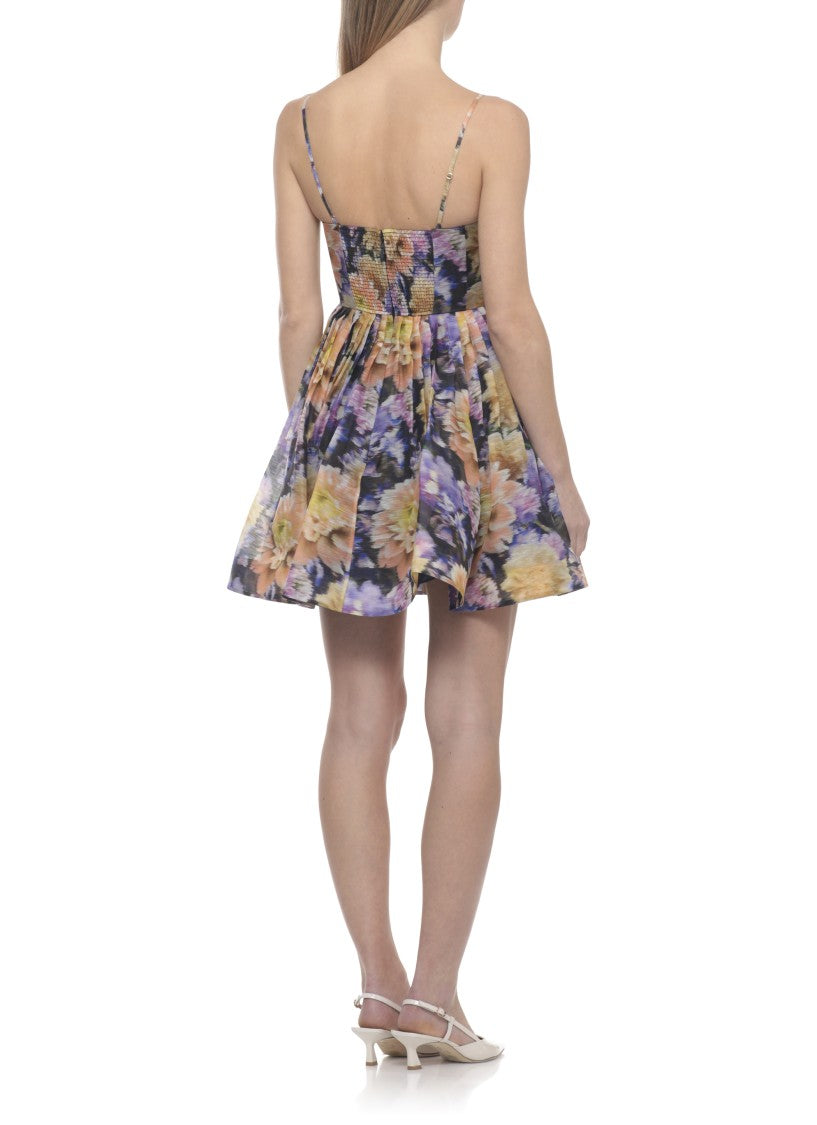 Zimmermann Pleated Mini Dress With V Neckline And Floral Pattern