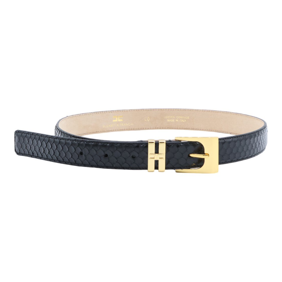 Elisabetta Franchi Textured Black Strap Belt With Gold Accents