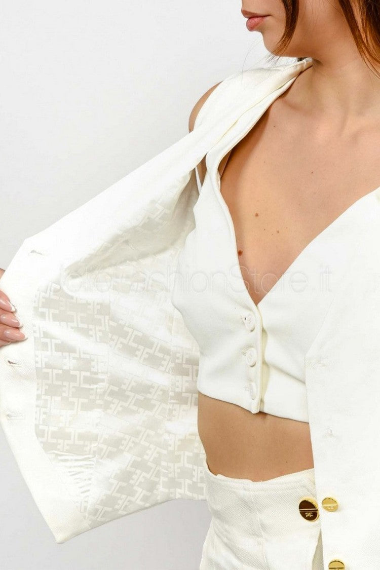 Elisabetta Franchi Ivory Cropped Sleeveless Gold Button Linen-Blend Waistcoat