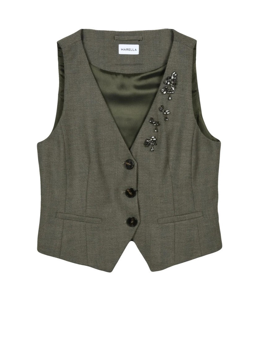 Marella Tailored Green Wool Vest With Deep V-Neckline And Subtle Embellishments
