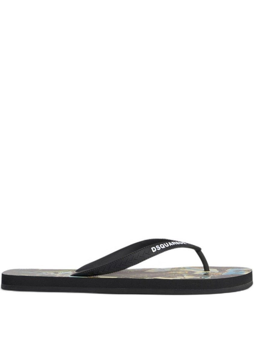 Dsquared2 Textured Footbed Thong Sandals With Logo Print