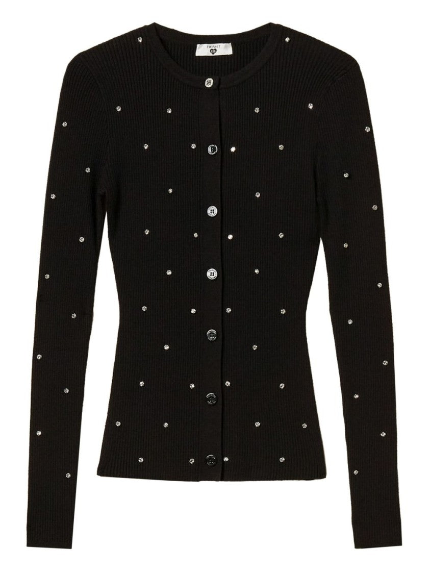 Twinset U&B Fitted Black Sweater With Crystal Embellishments