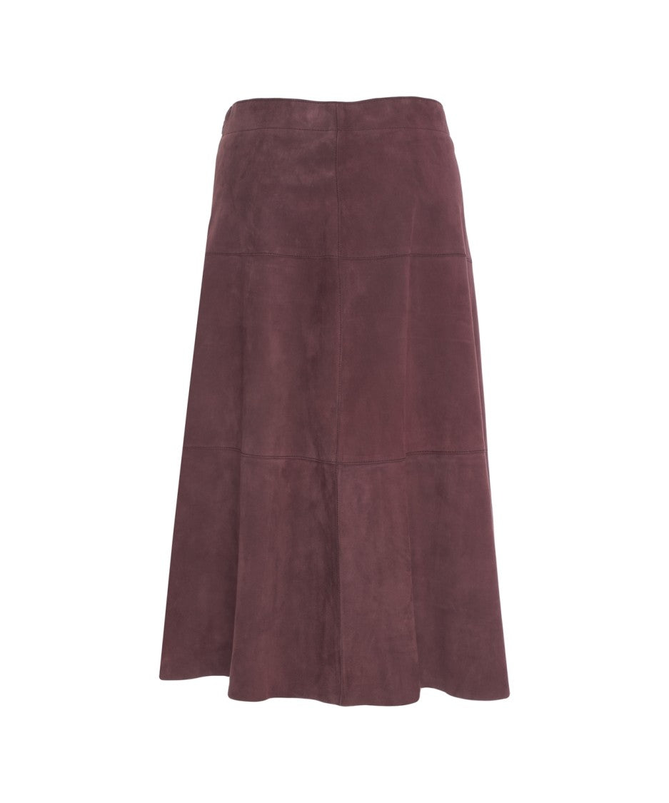 The Jackie Red Leather Midi Skirt With A-Line Silhouette And Panel Stitching