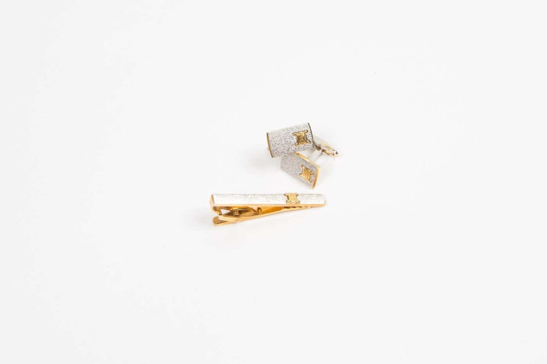 Celine Gold-Tone "Triomphe" Cufflinks And Tie Link Set