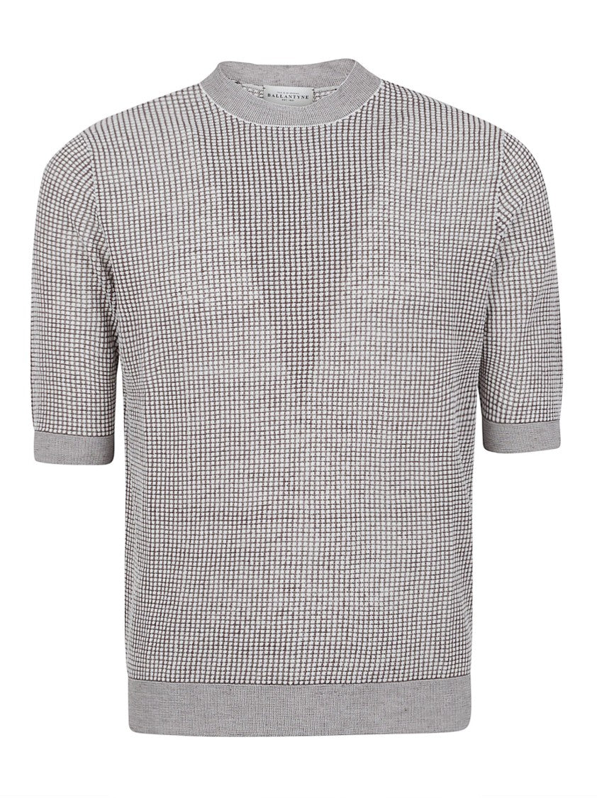 Ballantyne Short-Sleeve Checkered Sweater With Ribbed Detailing