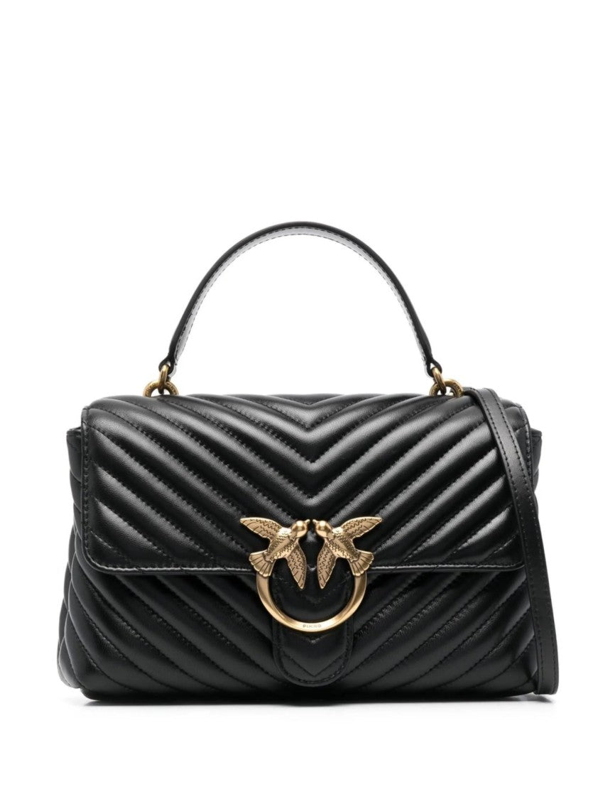 Pinko Quilted Black Handbag With Gold Emblem