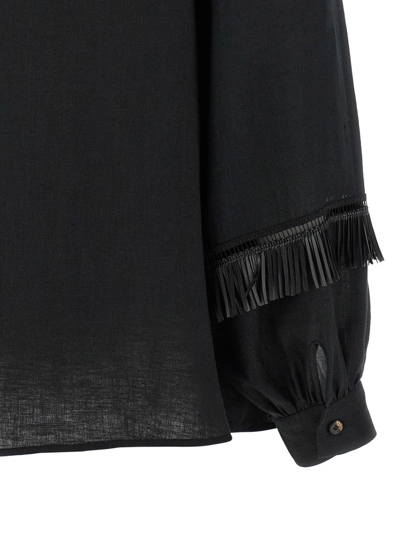 Kiton Fringed Linen Shirt With Mandarin Collar And Puff Sleeves