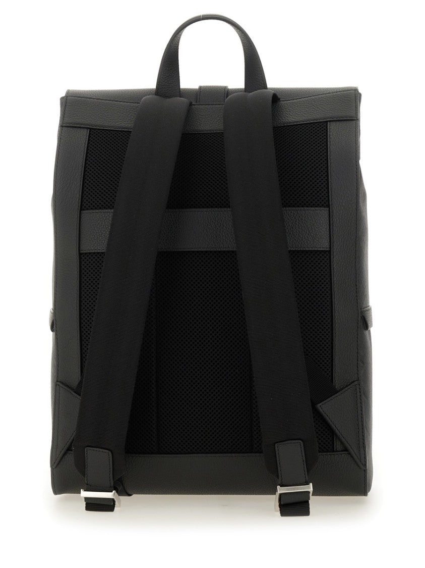 Ferragamo Structured Black Backpack With Metallic Buckle Closure