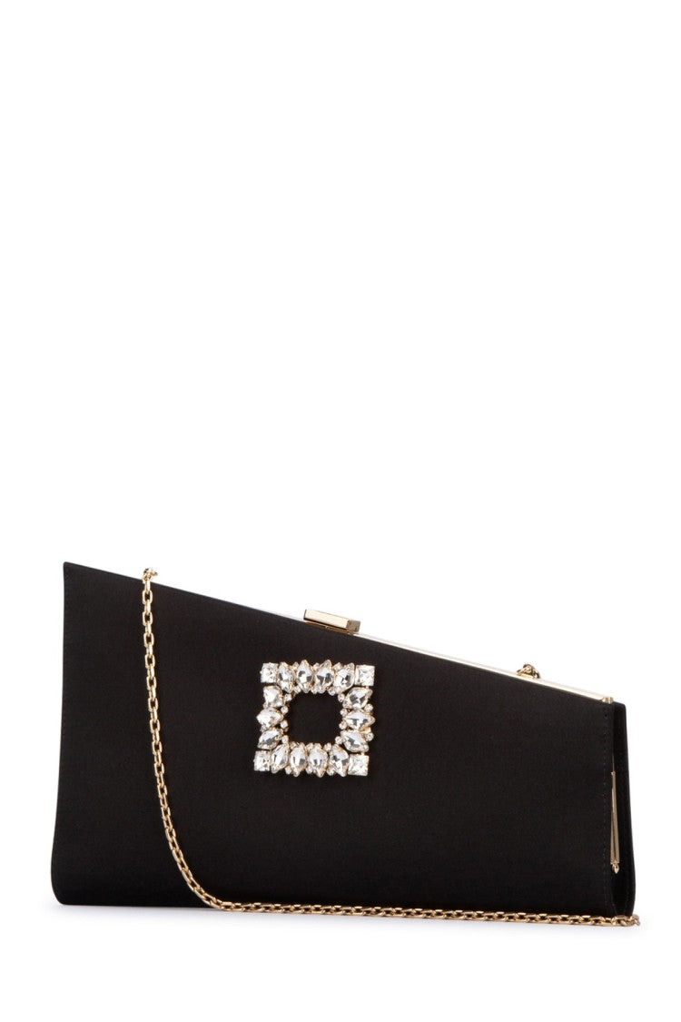 Roger Vivier Angular Black Satin Clutch With Jewel-Encrusted Clasp