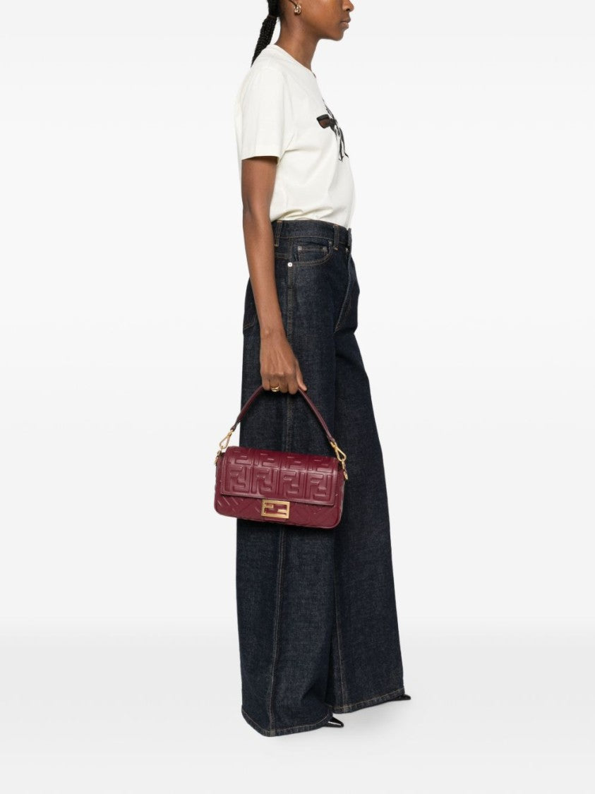 Fendi Burgundy Rectangular Handbag With Geometric Embossing