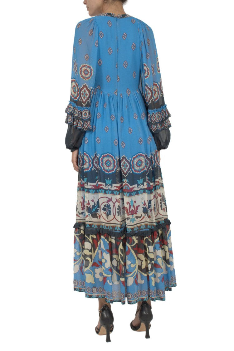 Farm Rio Blue Balloon-Sleeve Printed Viscose Maxi Dress