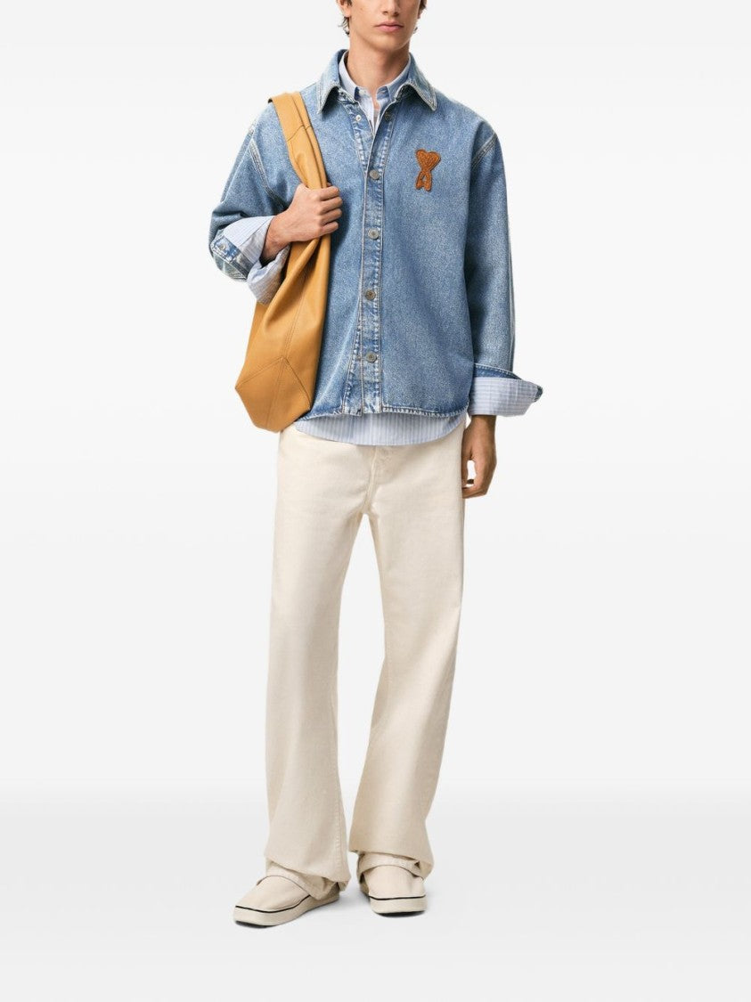 Ami Paris Indigo Denim Shirt With Snap Button Closures And Logo Embroidery