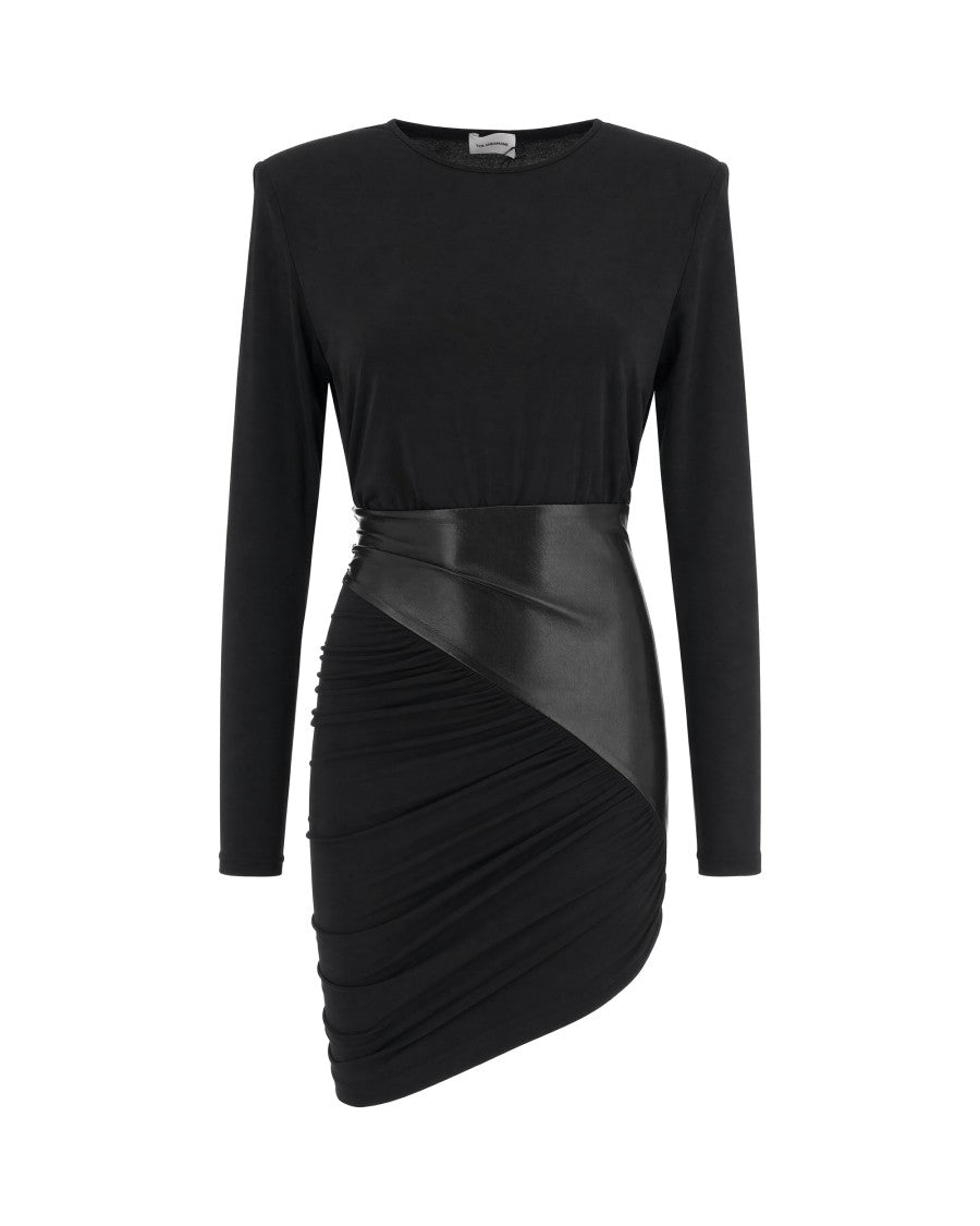 The Andamane Black Asymmetrical Draped Synthetic Leather Jersey Mini Dress