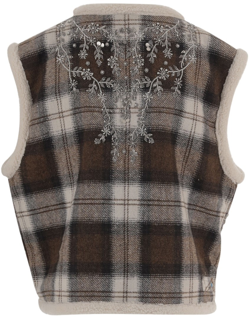 Novelle Sleeveless Vest With Floral Embroidery And Check Pattern