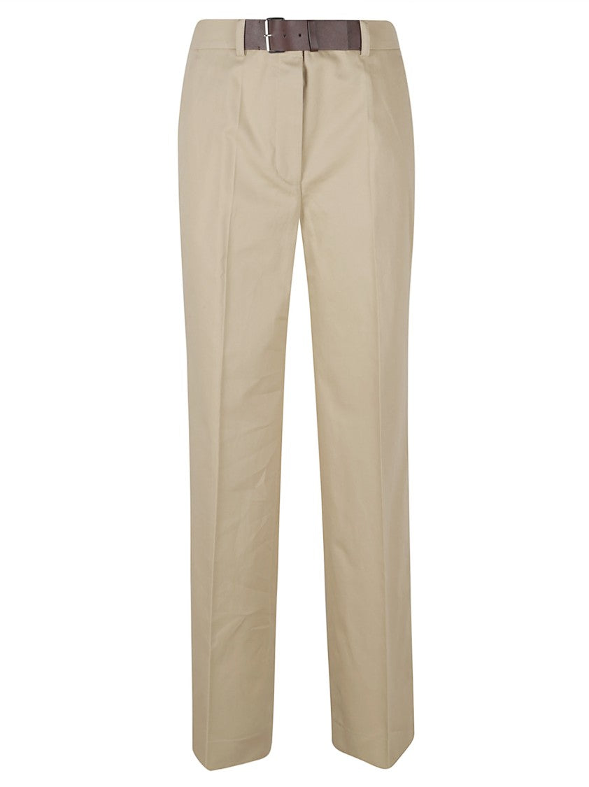 Tory Burch High-Waisted Khaki Trousers With Tailored Leg And Leather Detail