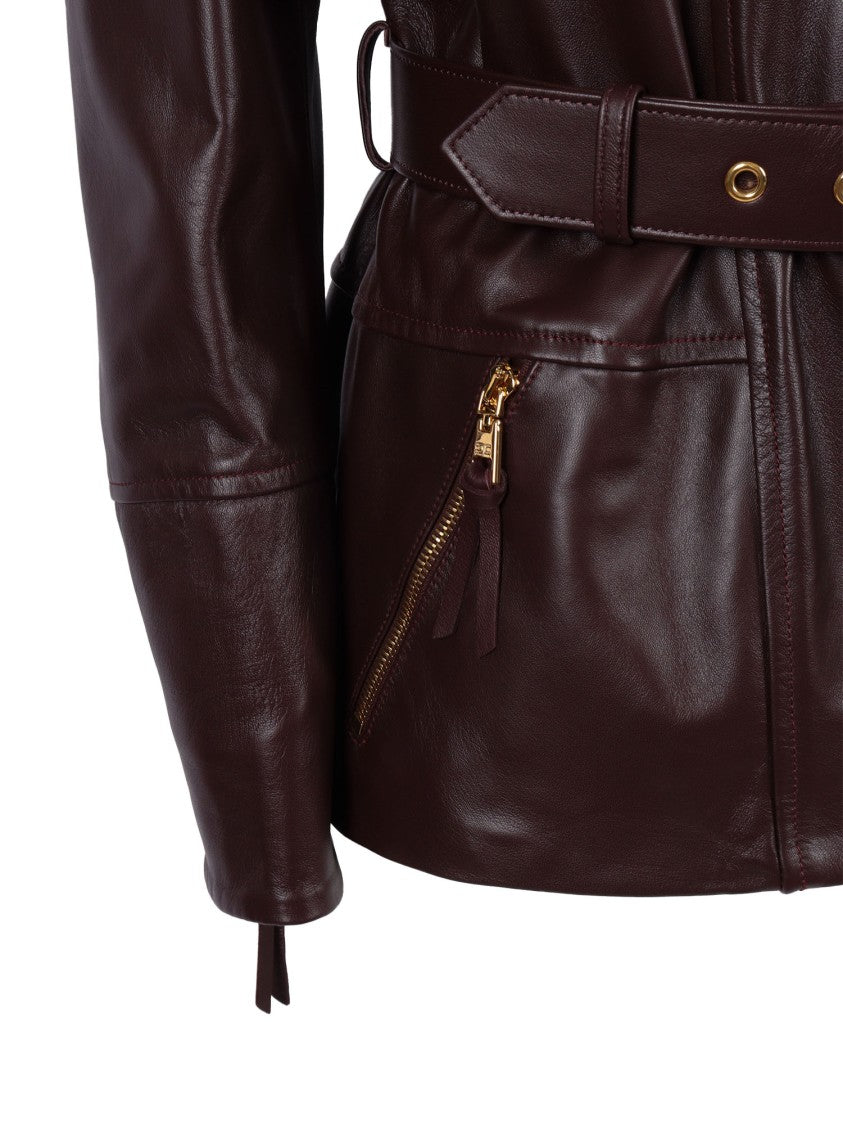 Elisabetta Franchi Fitted Leather Jacket With Belted Waist And Gold Hardware