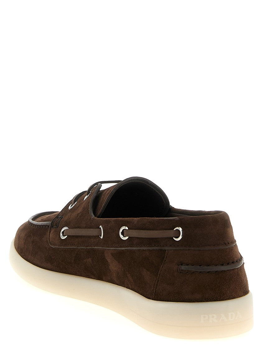 Prada Brown Suede Boat Loafers With Leather Laces And Logo Detail