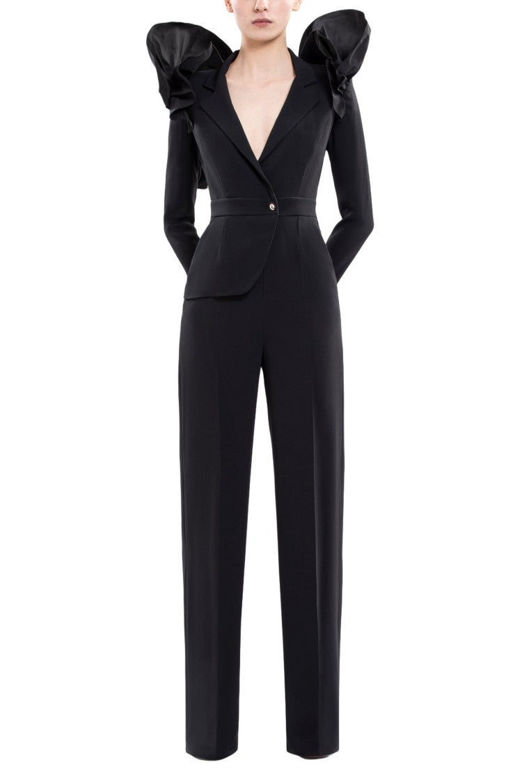 Saiid Kobeisy Asymmetrical Jet-Black Crepe Jumpsuit With Tailored Ruffles