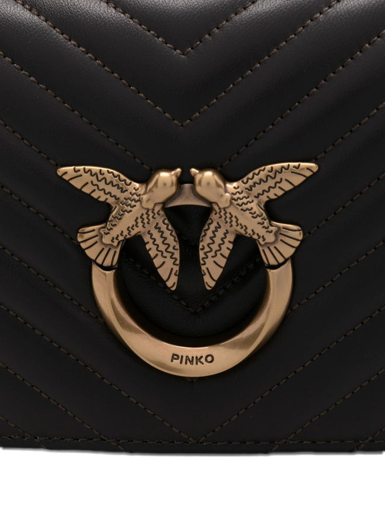 Pinko Quilted Brown Mini Shoulder Bag With Distinctive Bird Clasp