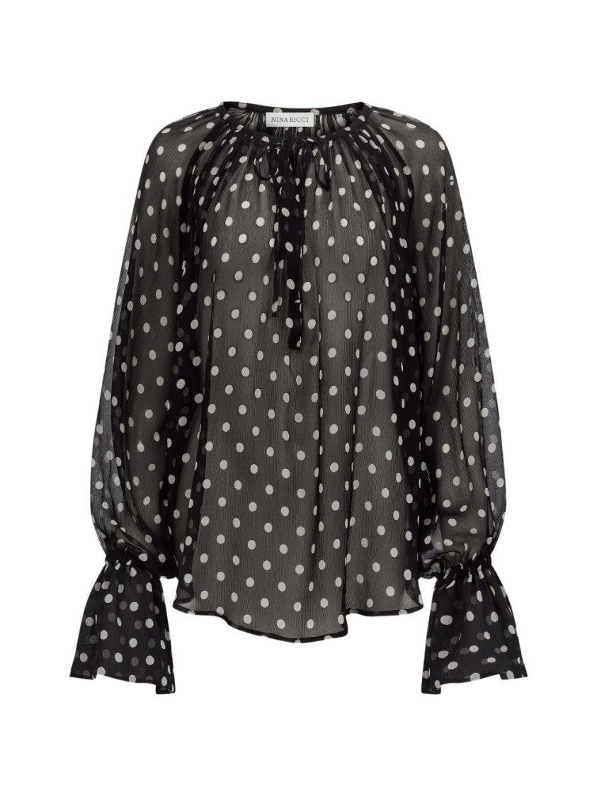 Nina Ricci Sheer Black Blouse With Polka Dot Pattern And Flared Cuffs