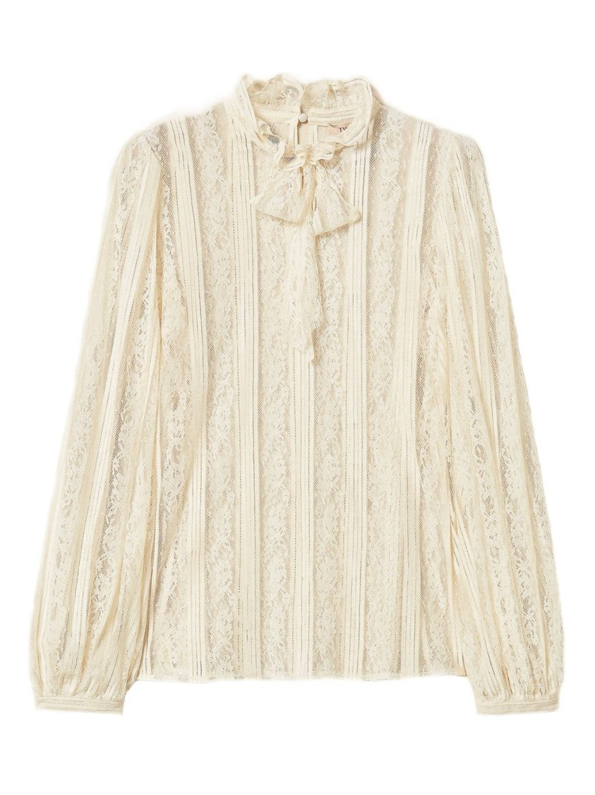Twin-Set Sheer Lace Panel Blouse With Ruffled Collar And Bow Tie