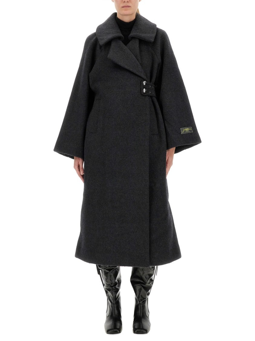Ganni Charcoal Wool Coat With Wide Notched Collar And Asymmetrical Closure