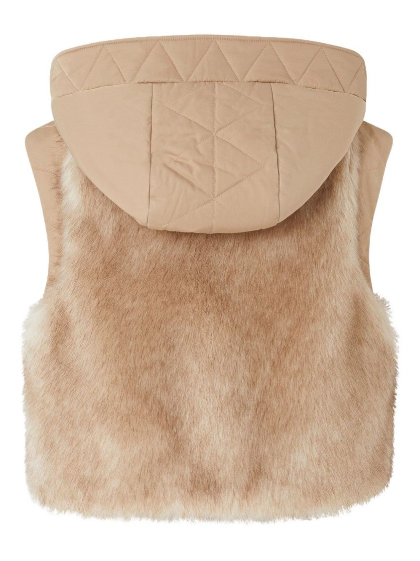 Pinko Cropped Beige Knitwear Jacket With Faux Fur