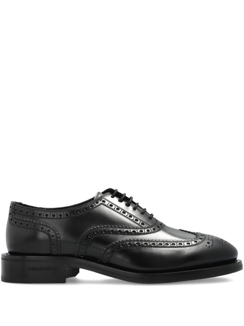 Dsquared2 Black Wingtip Perforated Leather Brogue Flats