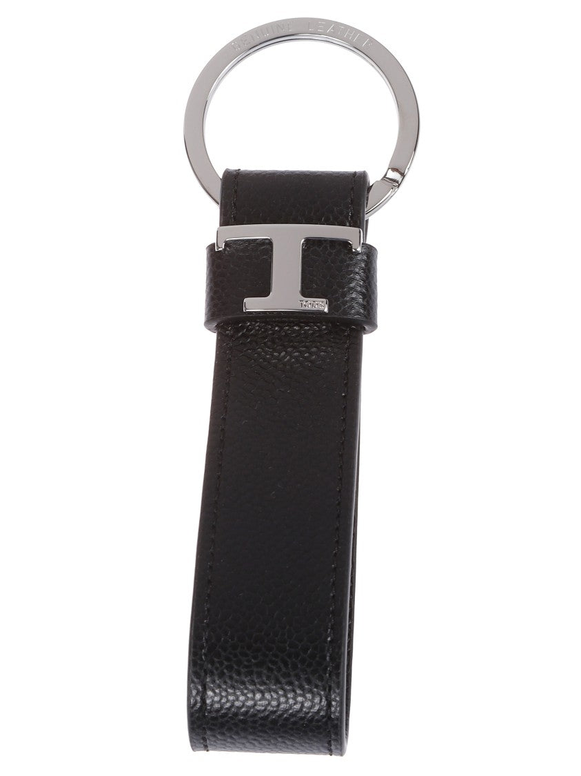 Tod's Minimalist Black Leather Keychain With Silver-Tone Logo