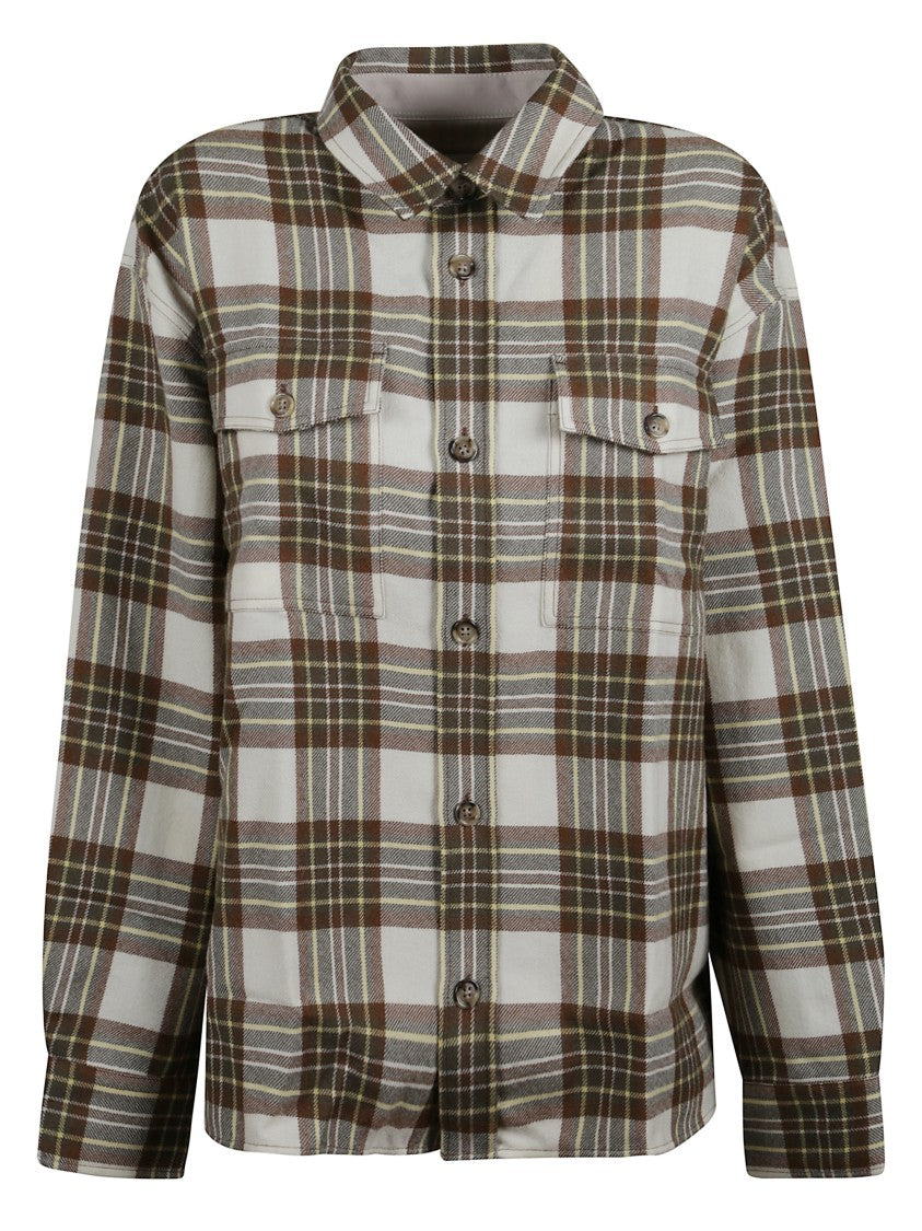 Ami Paris Brown And White Checked Shirt With Structured Collar