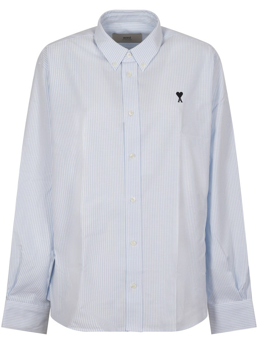 Ami Light Blue And White Striped Classic Shirt With Button-Down Collar