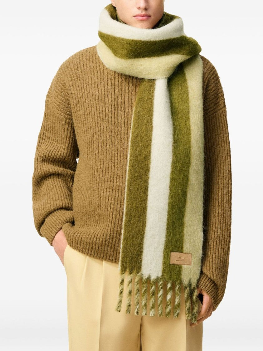 Ami Paris Ivory Lime Green Striped Fringed Scarf