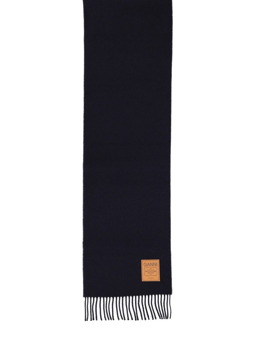 Ganni Wool Rectangular Fringed Scarf