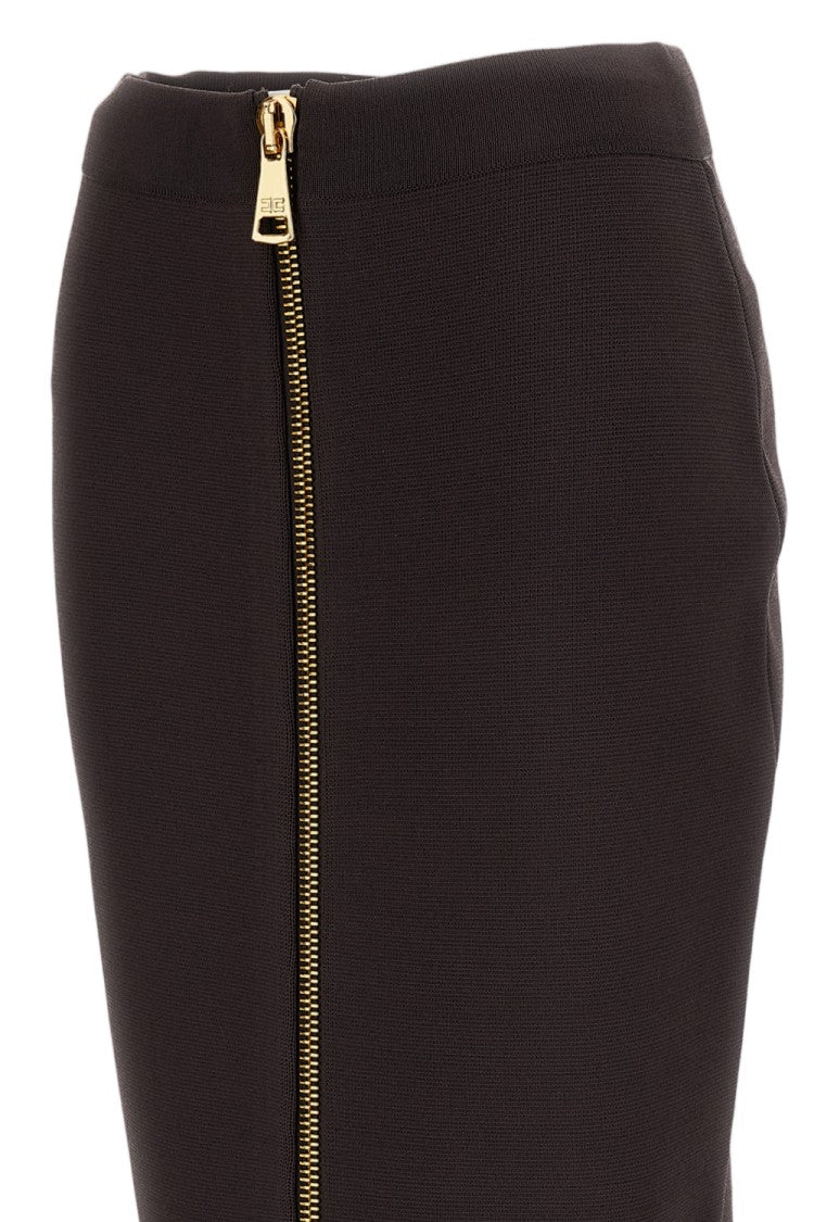 Elisabetta Franchi Brown Gold-Zip Compact Knit Midi Pencil Skirt
