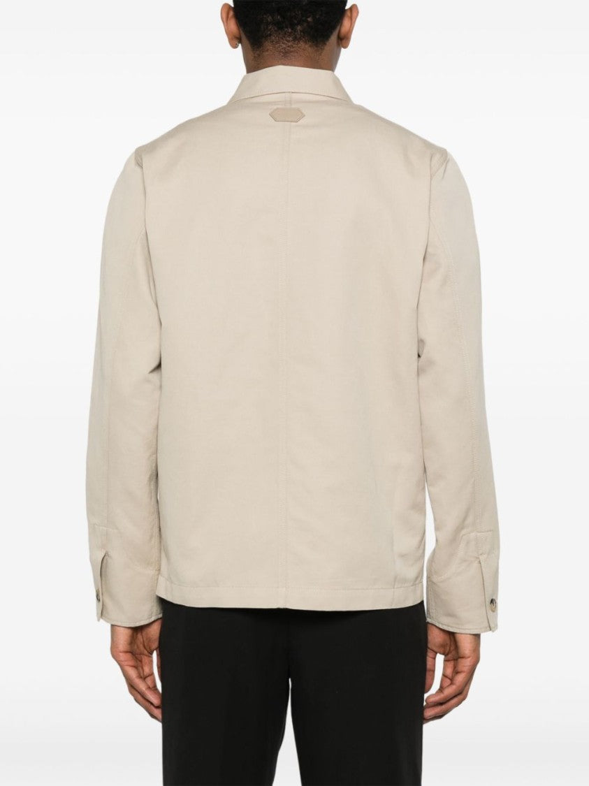 Jacob Cohen Beige Overshirt With Modern Herringbone Pattern And Leather Pocket