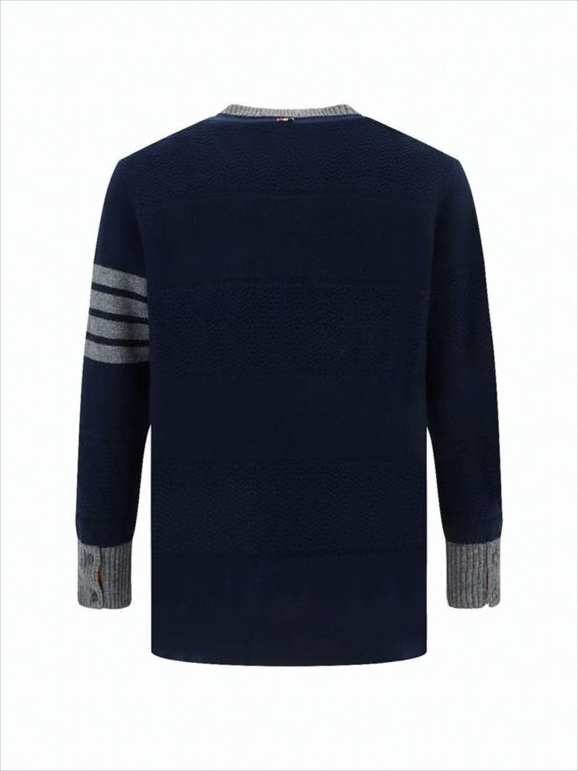 Thom Browne Textured Knit Navy Wool Sweater With Striped Sleeve And Button Detail