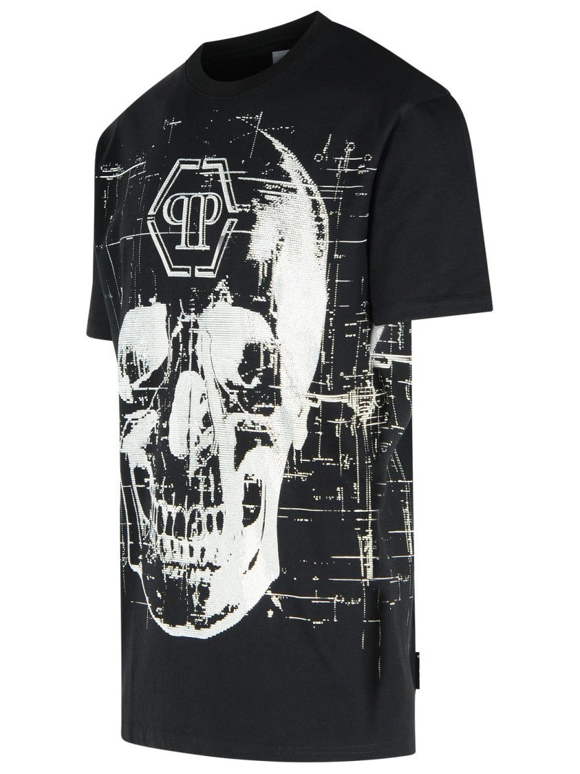 Philipp Plein Crew Neck Black T-Shirt With Crystal Skull Design And Logo Patch