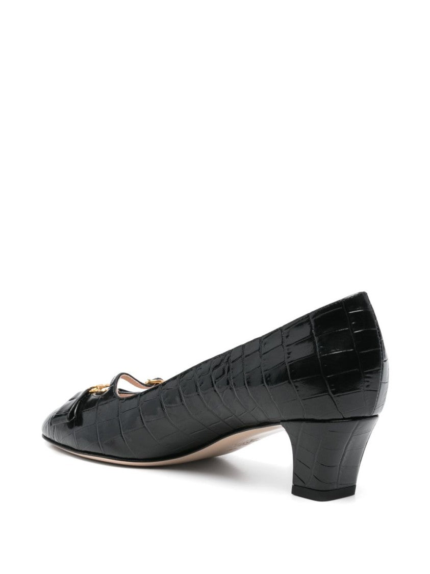 Valentino Garavani Bow Detail Black Crocodile-Embossed Leather Heels