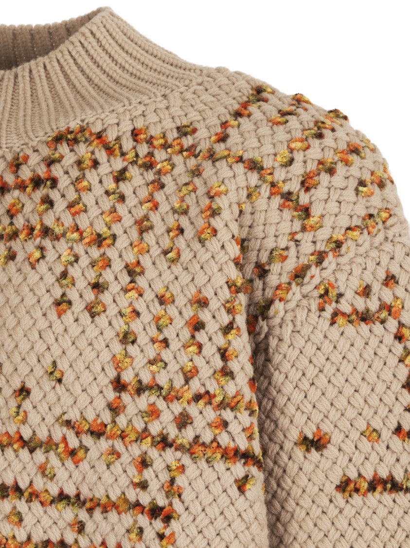 Dries Van Noten Beige Knit Sweater With Ribbed Cuffs