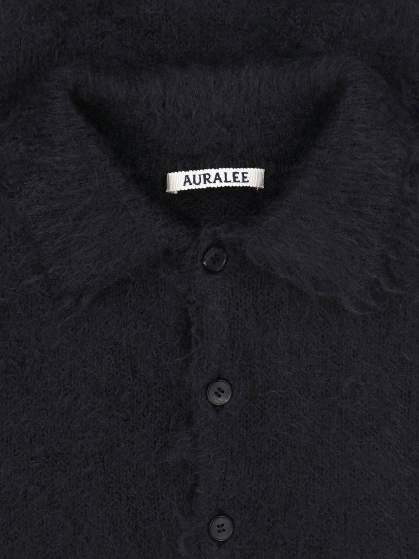 Auralee Grey Textured Long-Sleeve Cropped Polo Shirt