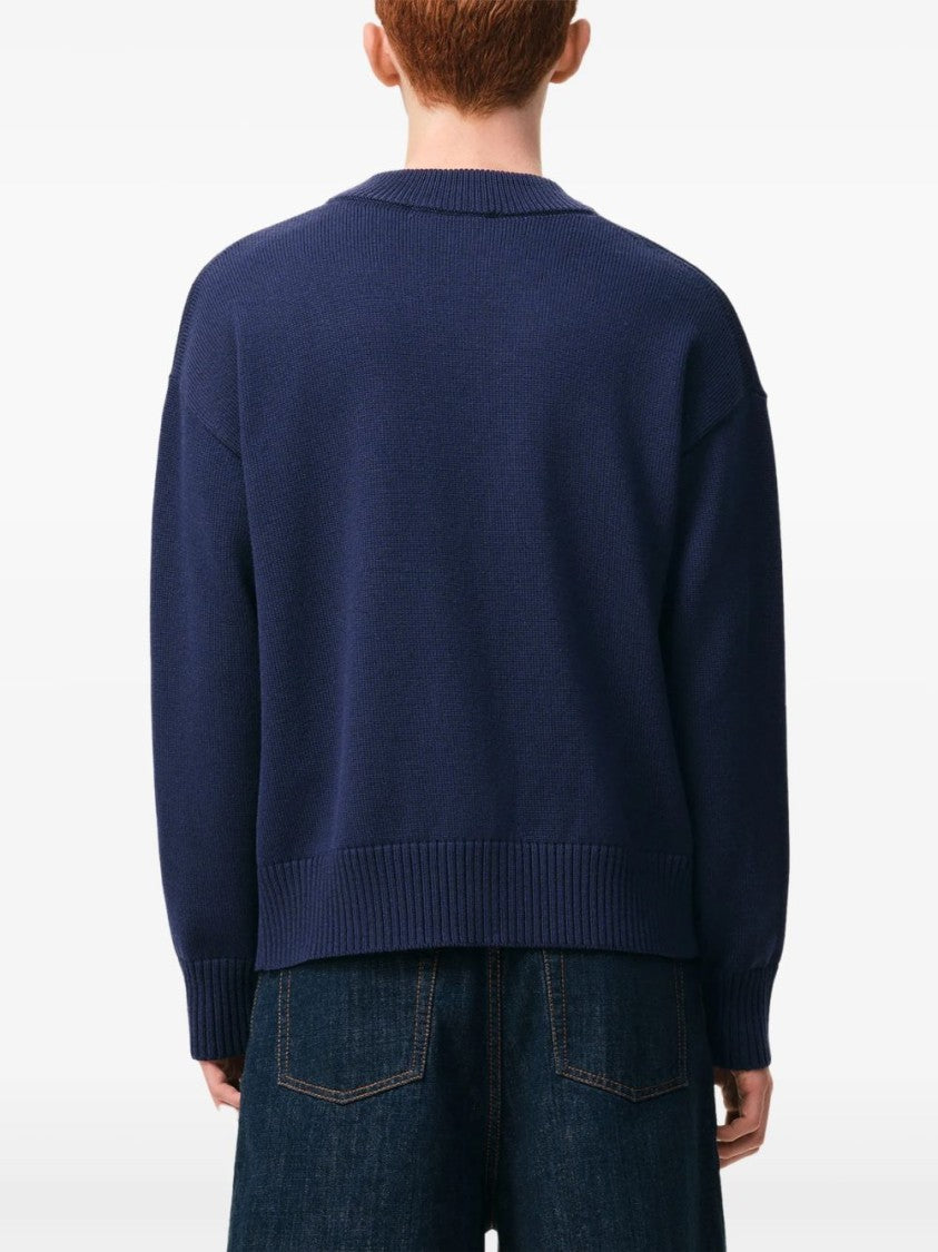 Ami Paris Blue Heart Motif V-Neck Knit Sweater