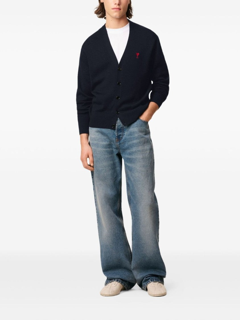 Ami Paris Button-Up Cardigan Sweater With V-Neck And Heart Emblem