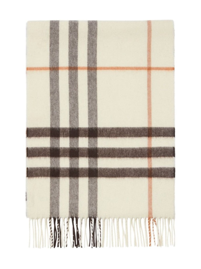 Burberry Beige Check Cashmere Fringing Scarf