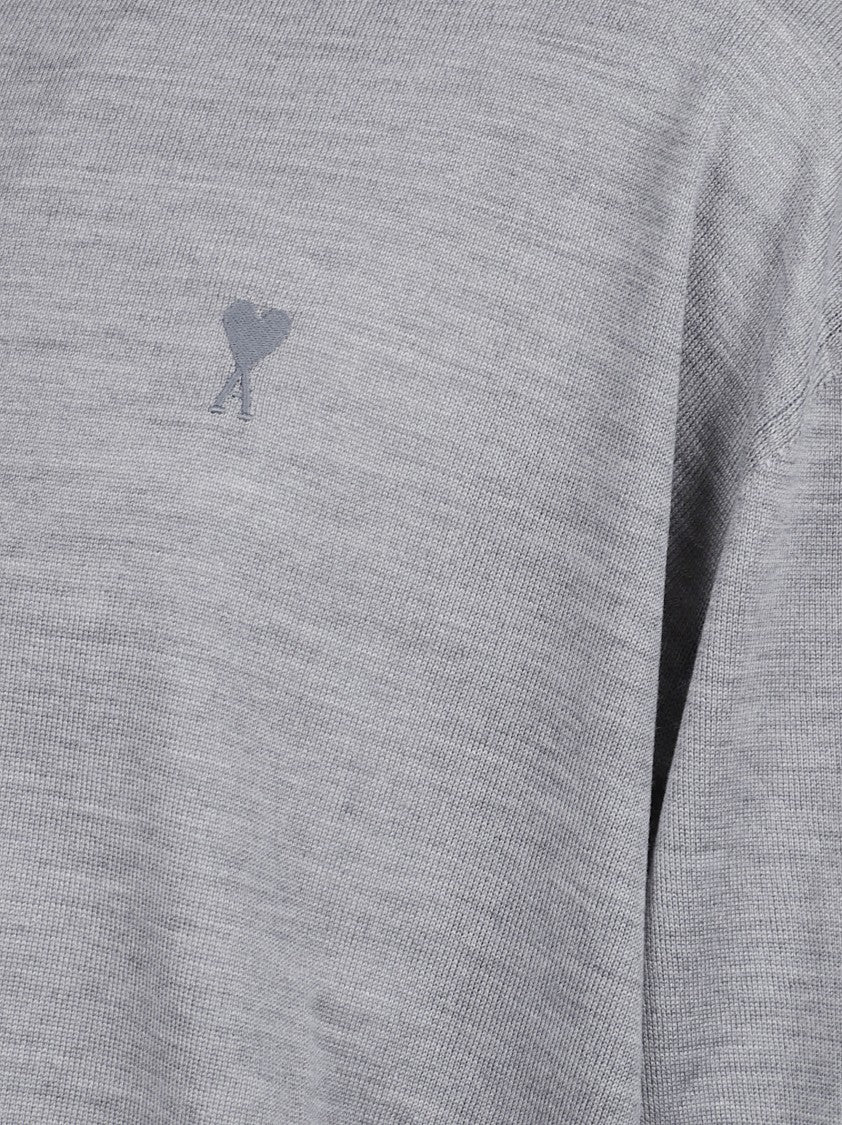 Ami Grey Knit Sweater With Embroidered Logo