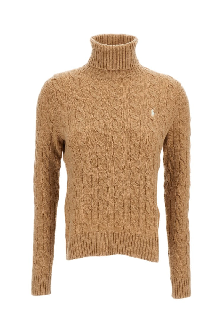 Polo Ralph Lauren Beige Cable-Knit Wool-Cashmere Blend Turtleneck Sweater