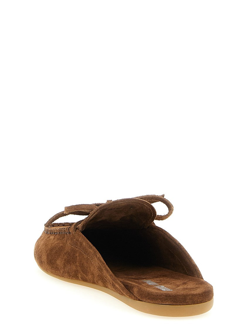 Miu Miu Suede Sabots With Rounded Toe And Decorative Bow