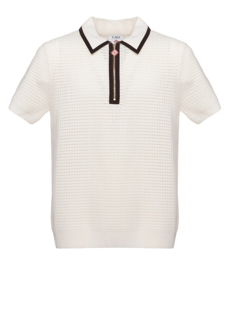 Casablanca Ivory Velvet-Collar Zip Wool Polo Shirt