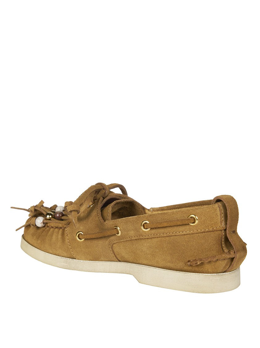 Golden Goose Brown Suede Fringe Beaded Flats