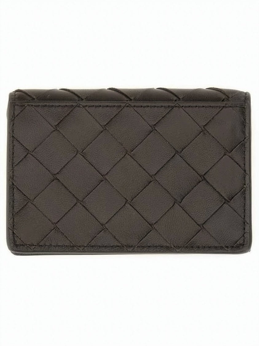 Bottega Veneta Intrecciato Black Card Case With Gold-Tone Closure
