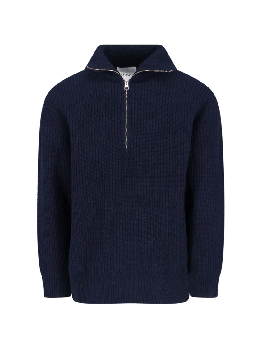 Closed Navy Blue High-Neck Ribbed Wool Sweater